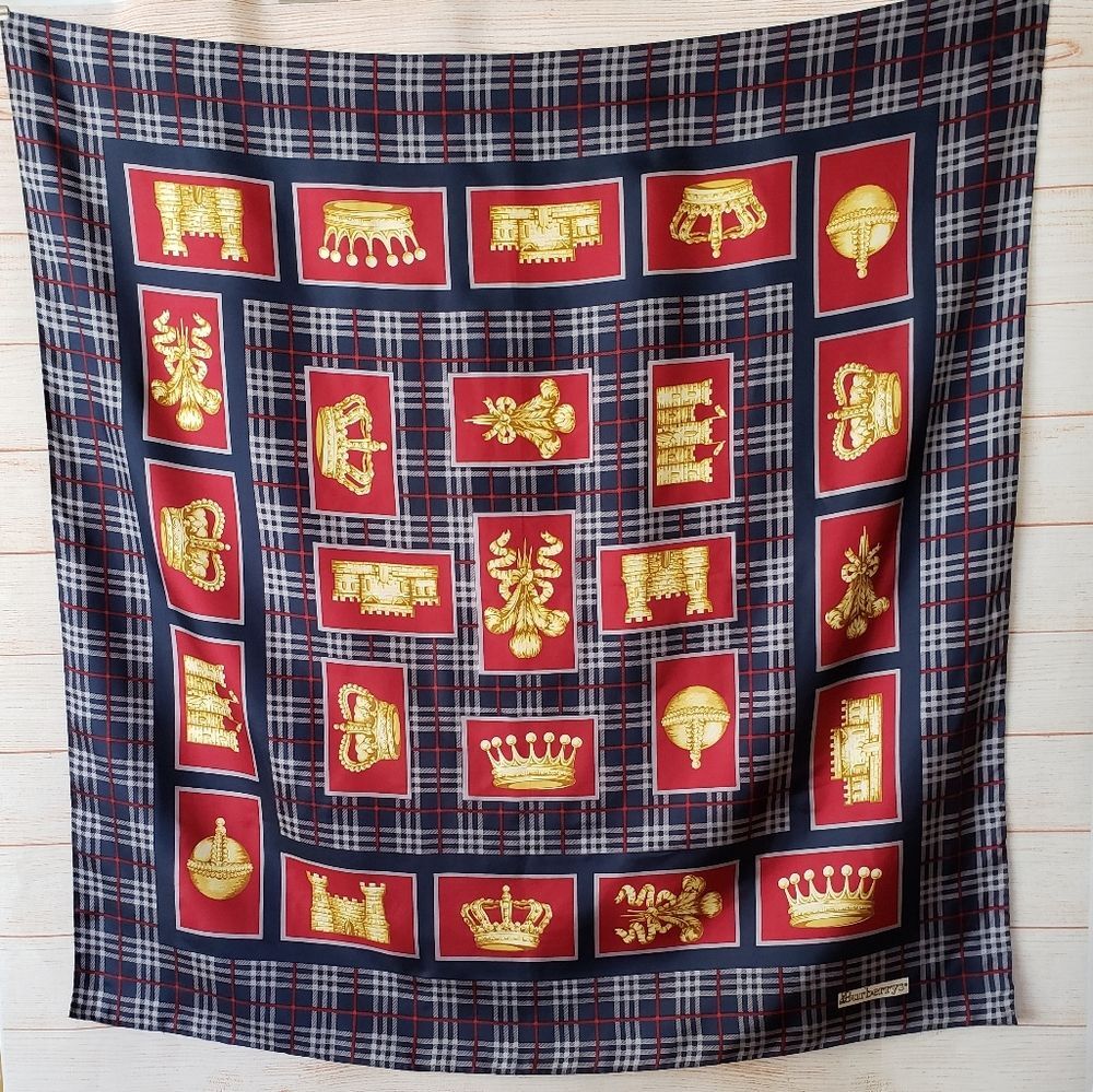 Burberrys Vintage 100% Silk Plaid Crown Print Scarf Luxury Designer